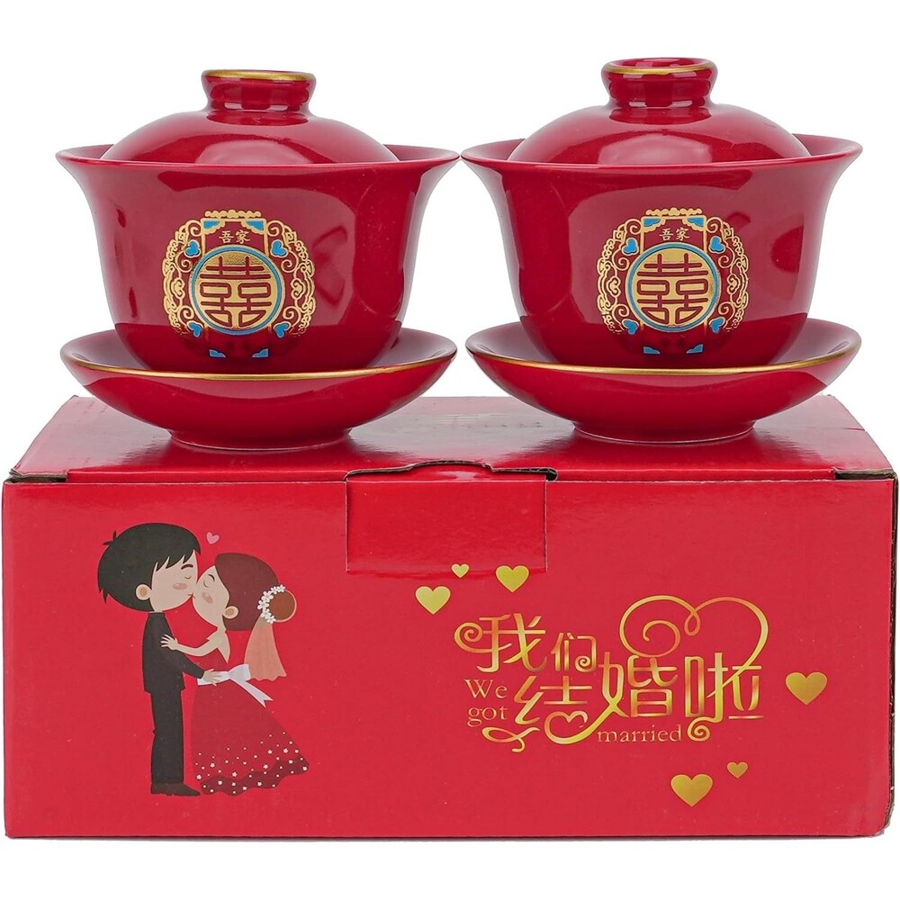 HannaFires Chinese Wedding Tea Cup Set - Ceramic Double Happiness Cups, A Pair